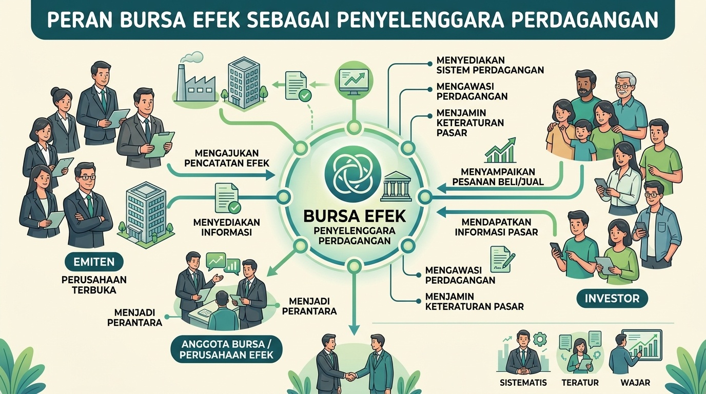 Ilustrasi peran bursa efek sebagai penyelenggara perdagangan dalam ekosistem pasar modal