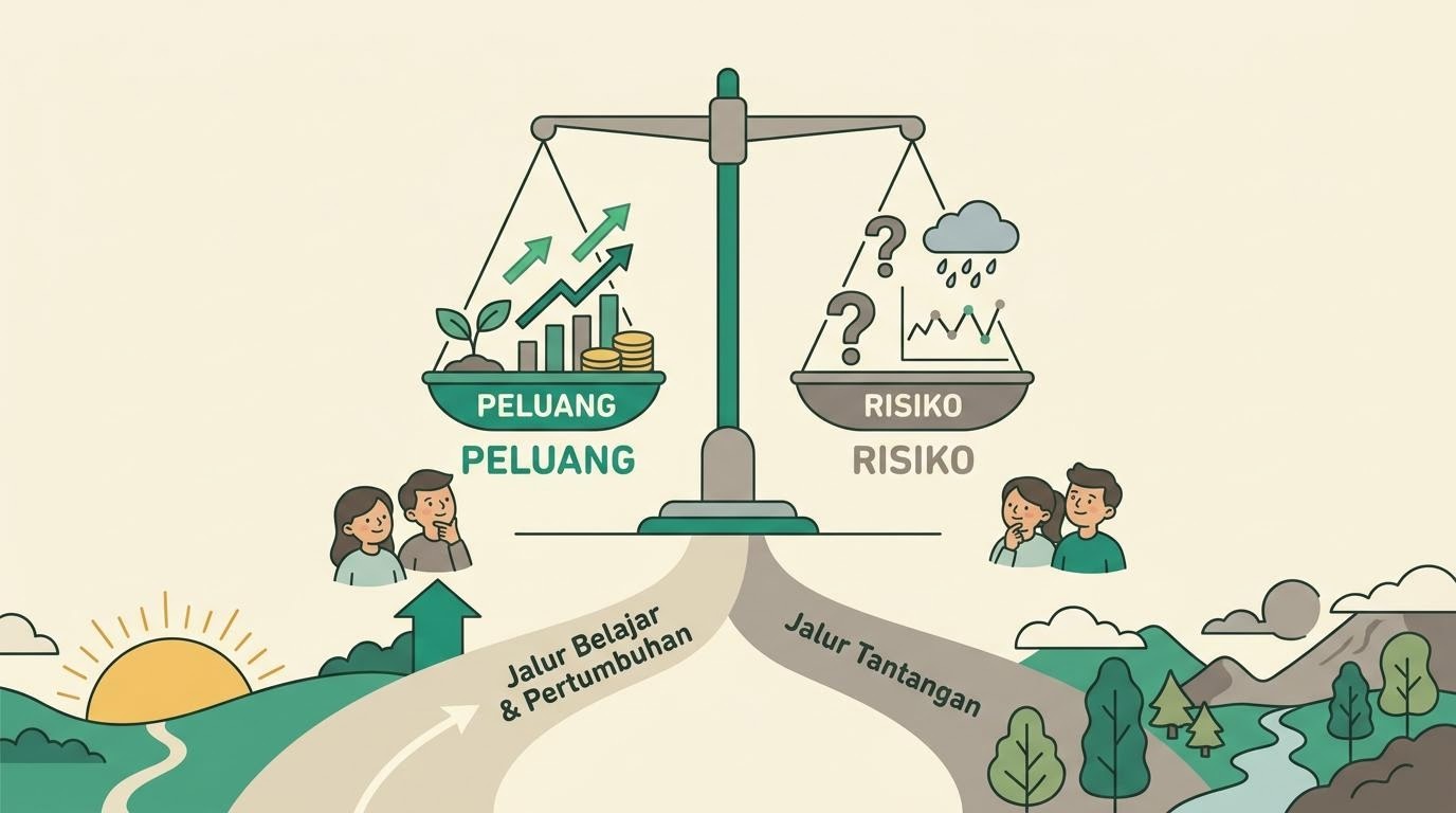 Ilustrasi keseimbangan antara peluang dan risiko dalam belajar pasar saham
