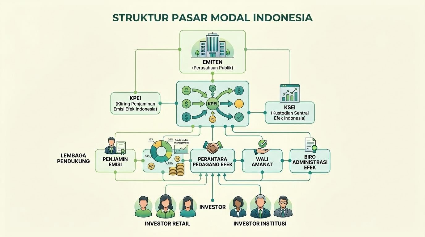Diagram sederhana lapisan struktur pasar modal Indonesia dari emiten hingga investor